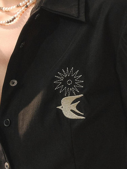 AnnoMundi Embroidered Lyocell Lace Slim Fit Double Collar Long Sleeve Women Black Blouses