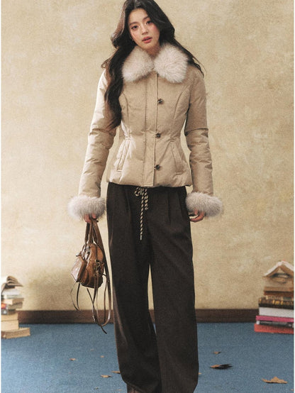 7Shiftin Warm Down Filled Plush Fur Collar Slim Fit Button Cropped Women Knit Sweaters