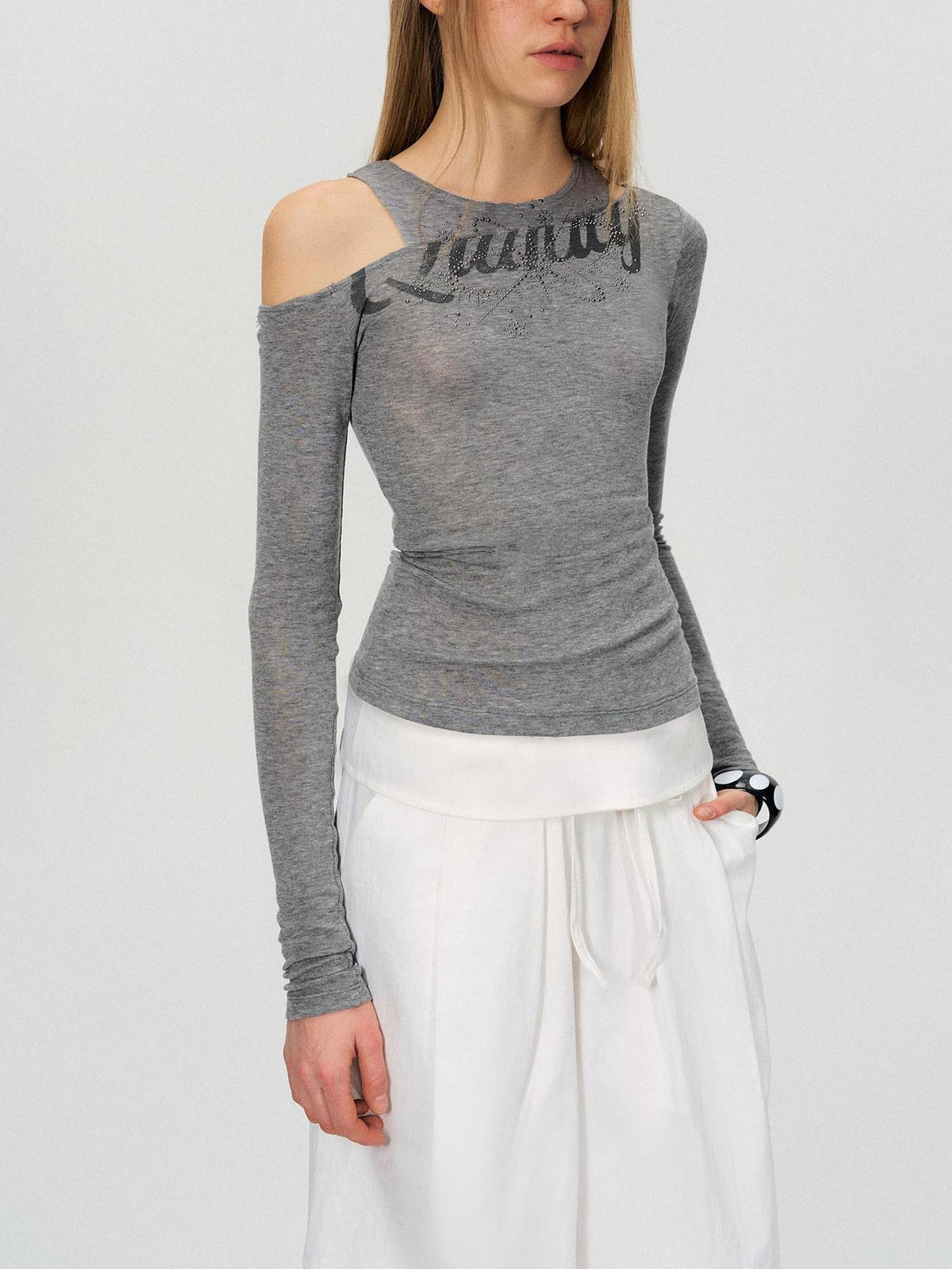 The NeverMore Rhinestone Vintage Slim Women Lyocell Blend Letter Print Long Sleeve Crop Tops