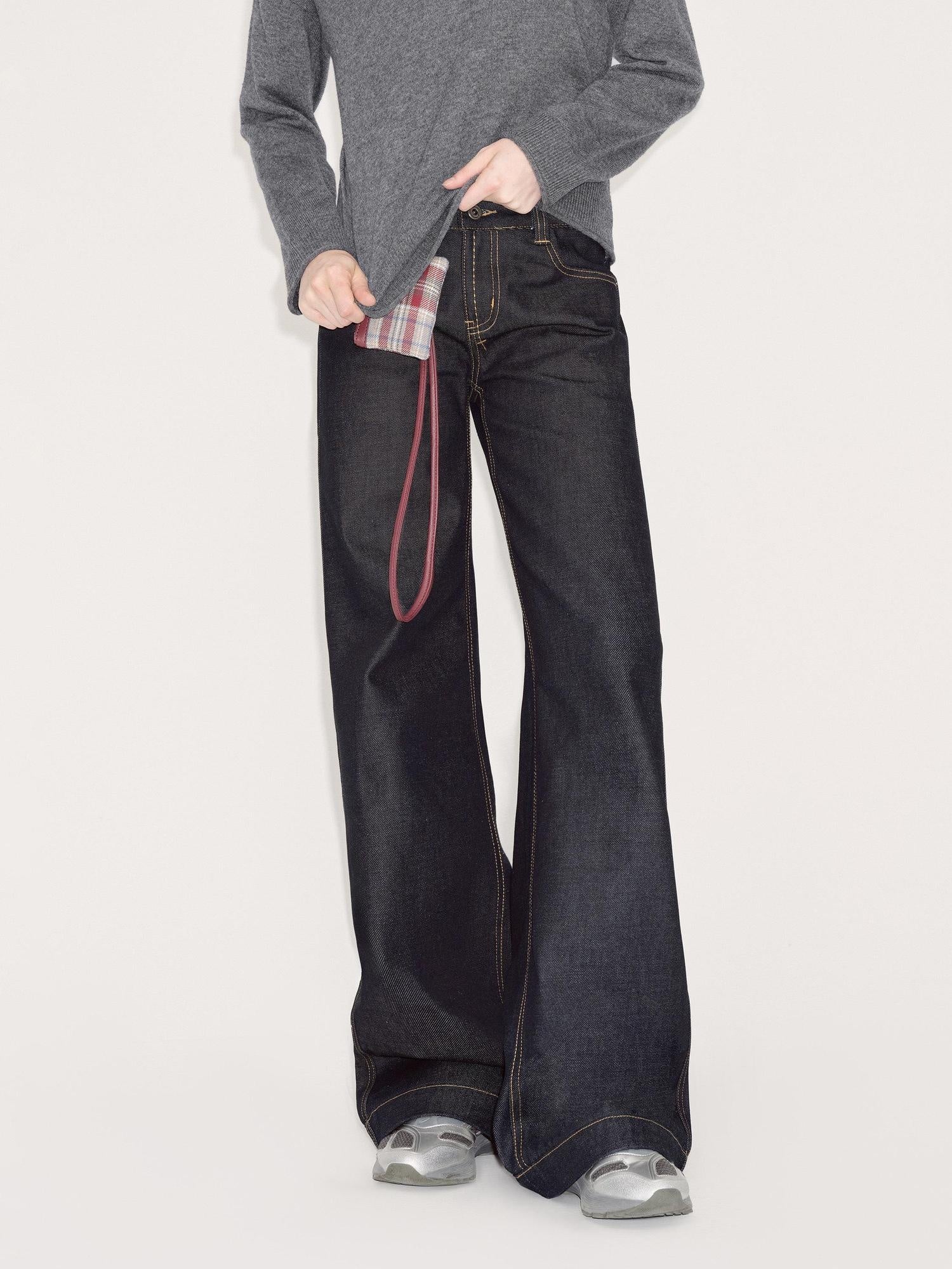 RUN TO THE FUTURE Comfort Cotton Blend Low Rise Long Length Dark Raw Denim Classic Straight Jeans
