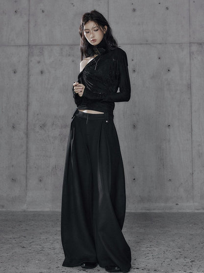 Low pixel Black Wool Blend Low Rise Zipper Casual Straight Hem Women Wide Leg Pants