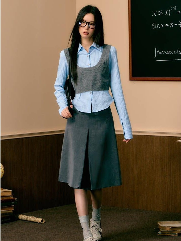 7Shiftin High Waist A Line Button Detail Workwear Grey Office Midi Skirts