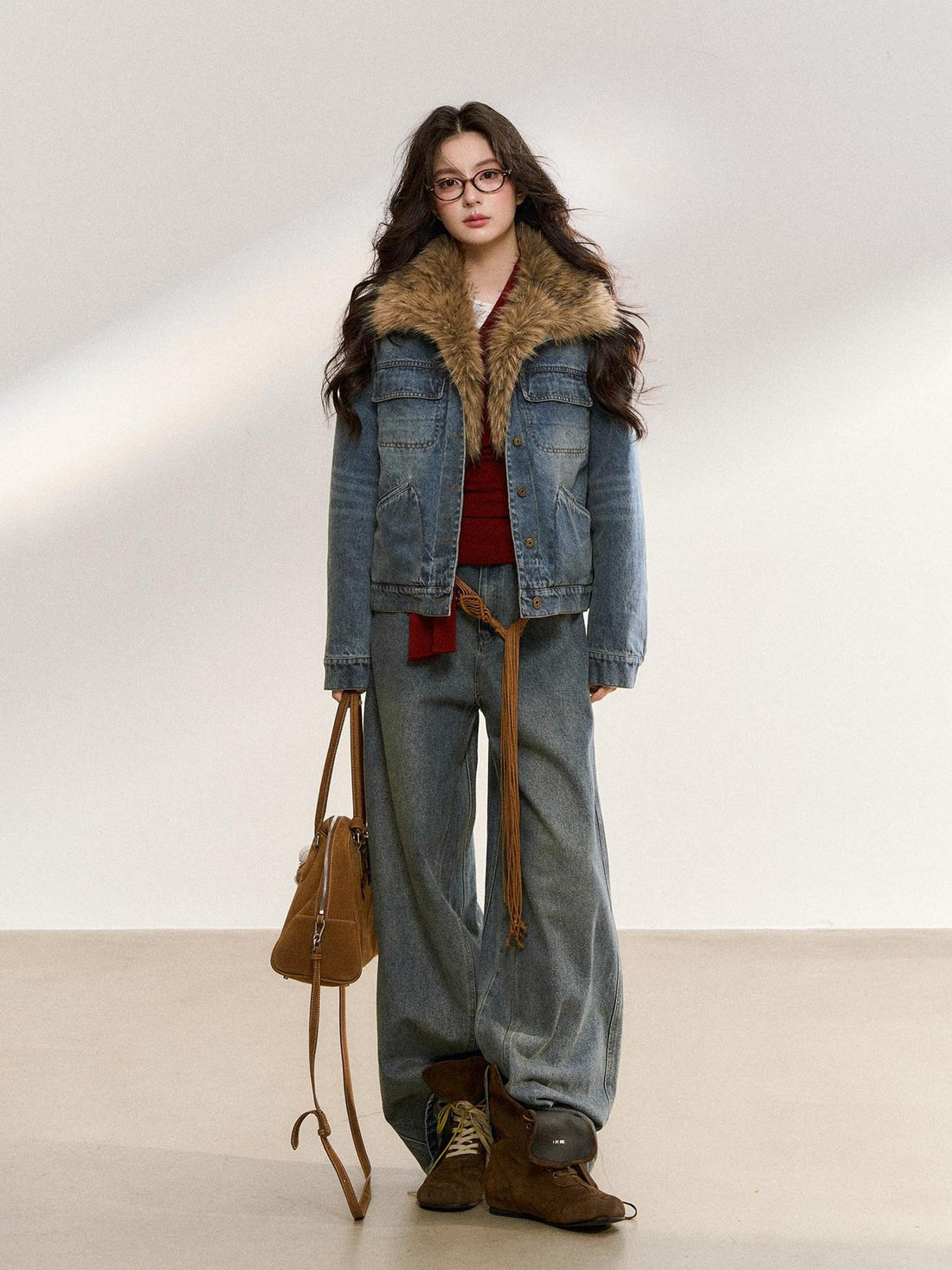 7Shiftin Warm Detachable Fur Collar Casual Cropped Women Long Sleeve Denim Jackets