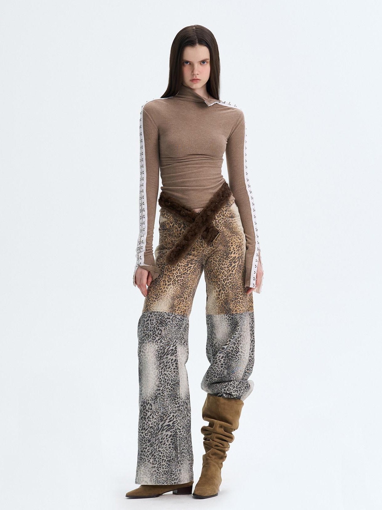 The NeverMore Brushed Viscose Spandex Sexy Slim Half Open Collar Long Sleeve Crop Tops