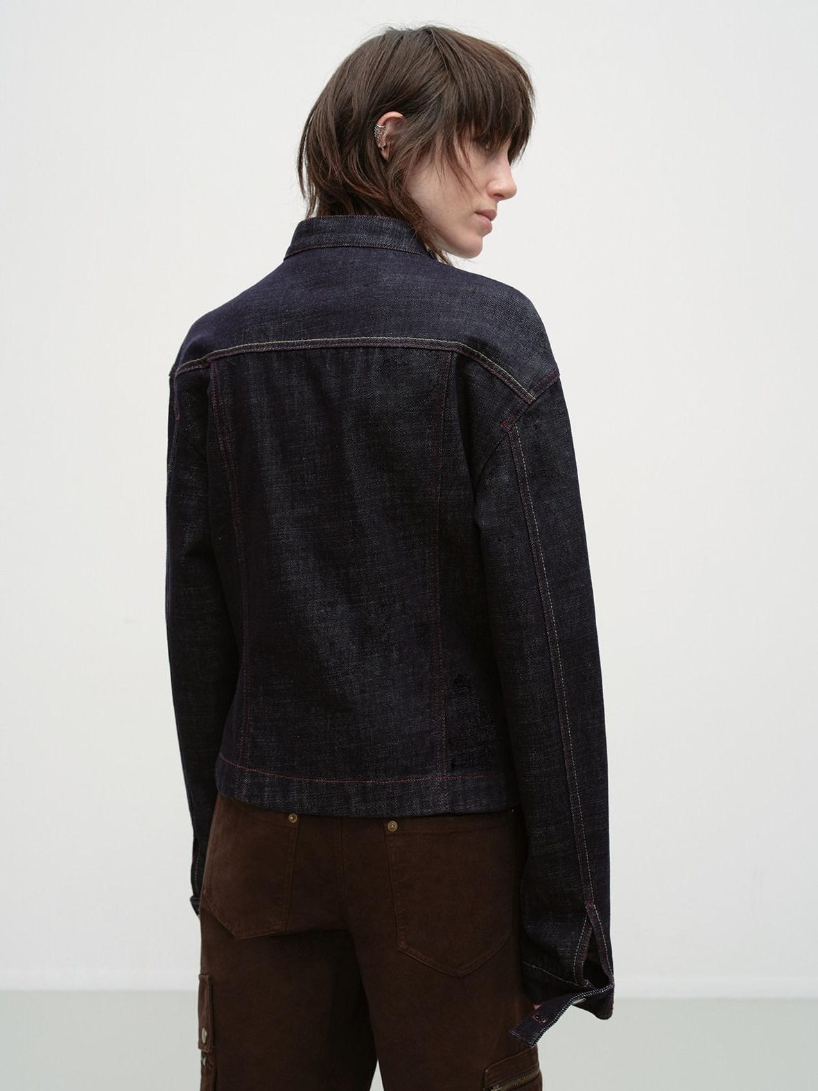 RUN TO THE FUTURE Vintage Asymmetric Fitted Waist Unisex Dark Indigo Cotton Button Denim Jackets