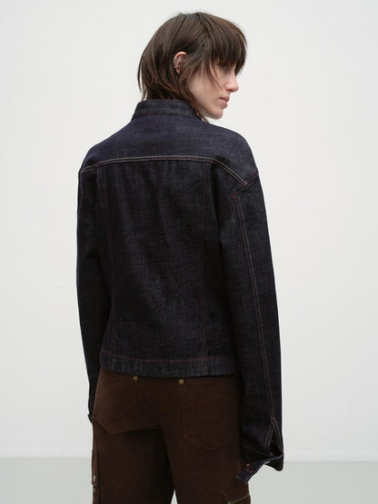 RUN TO THE FUTURE Vintage Asymmetric Fitted Waist Unisex Dark Indigo Cotton Button Denim Jackets