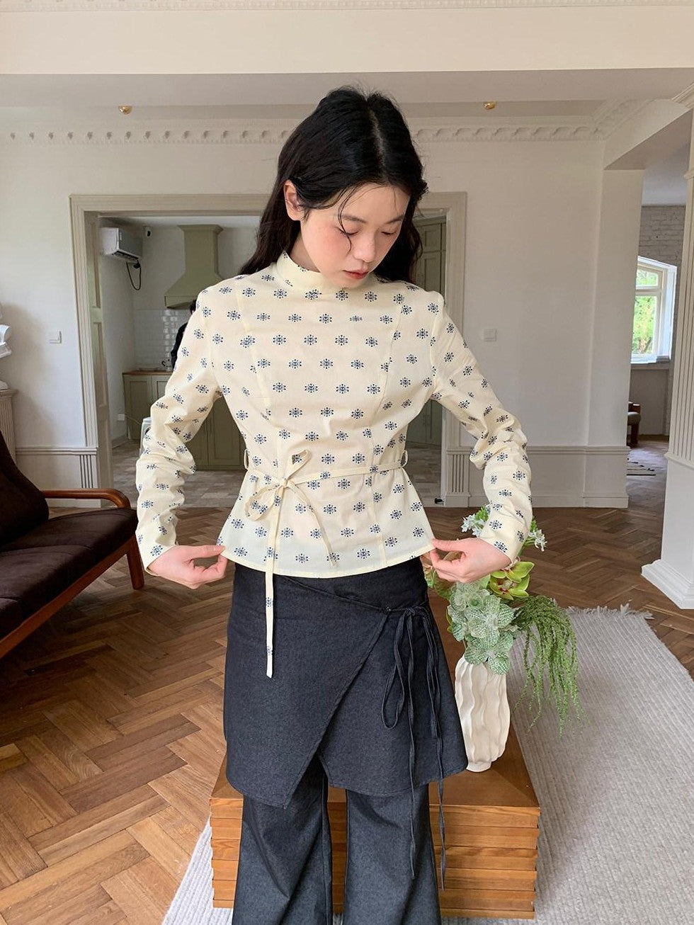 Dorydory Beige Chinese Floral Stand Collar Tie Waist Women&