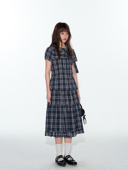 NAPSNAPS Blue Plaid Ruffle Hem High Waist Pleated Patchwork Women&