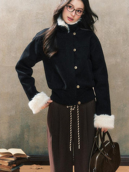 7Shiftin Original Slim Women Stand Collar Button Pocket Warm Black Fur Cropped Jackets