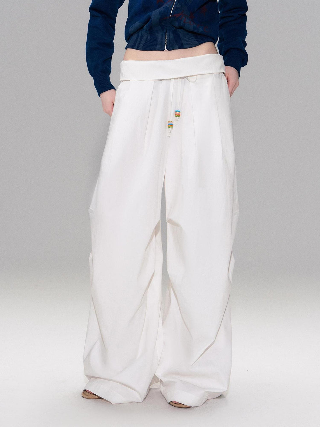 The NeverMore Cotton Blend Vintage Curved Cut Natural Waist Women White Wide Leg Pants