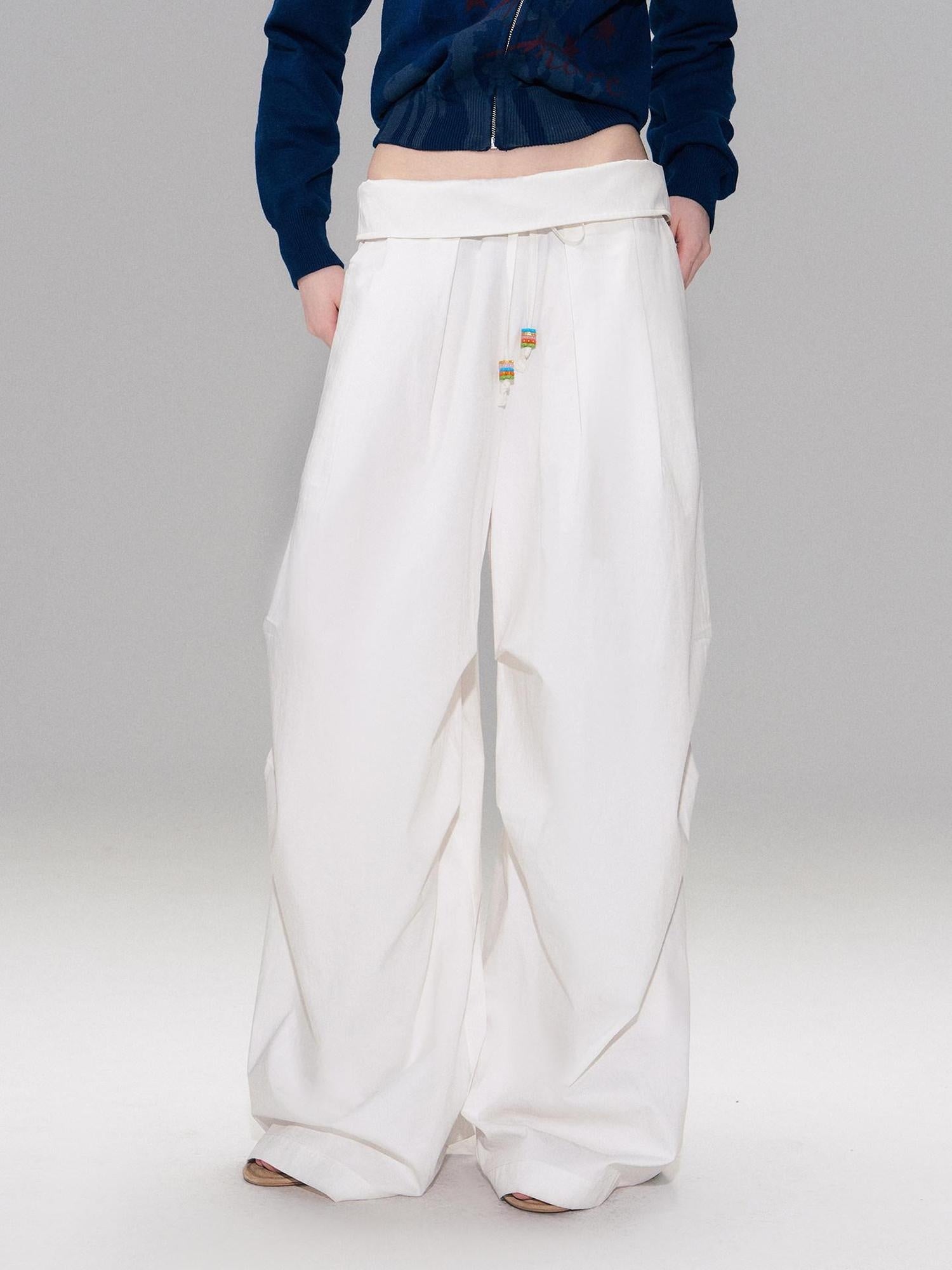 The NeverMore Cotton Blend Vintage Curved Cut Natural Waist Women White Wide Leg Pants