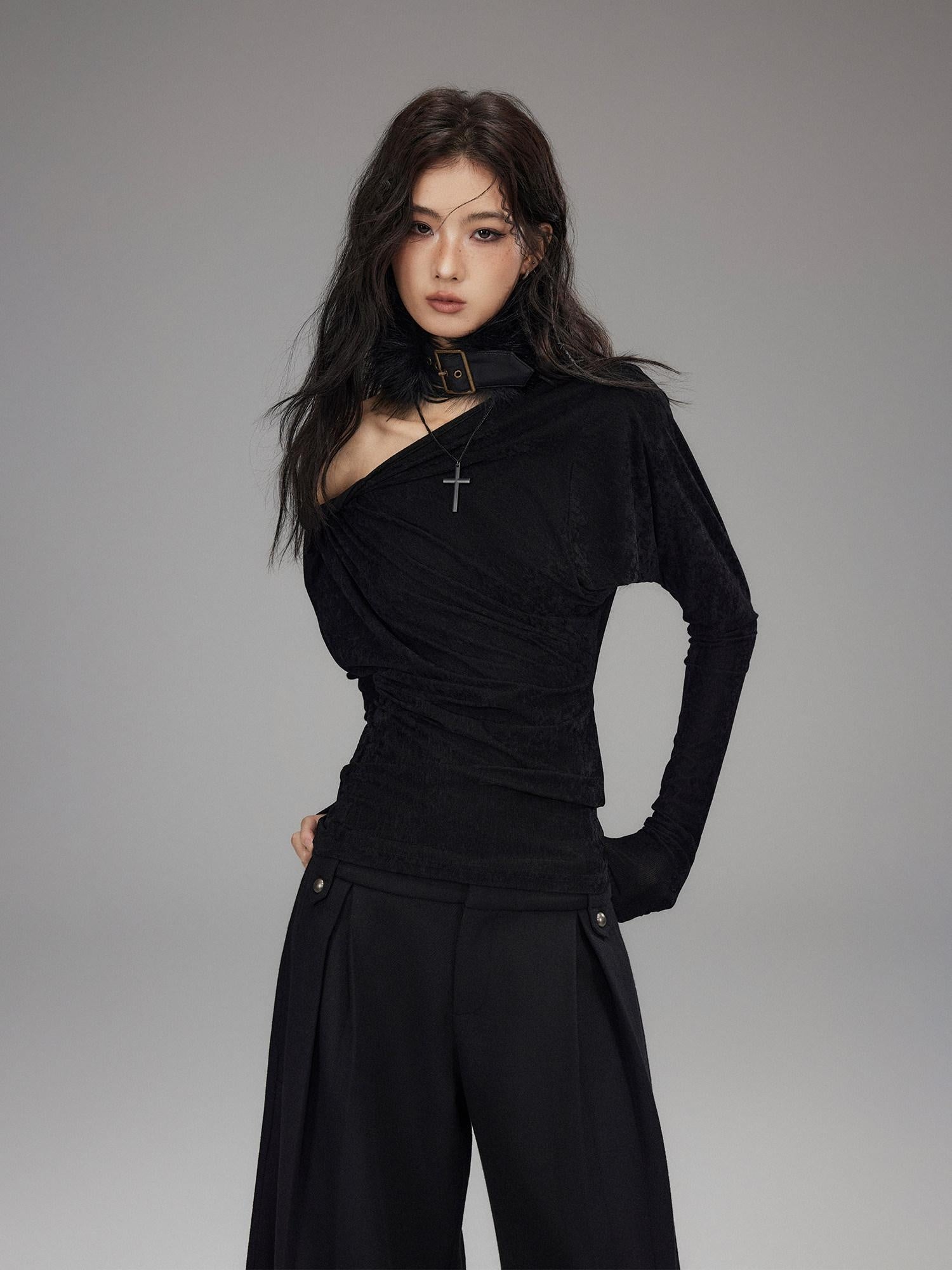 Low pixel Vintage Waist Long Sleeve Slant Neck Black Knit Women Off Shoulder Crop Tops