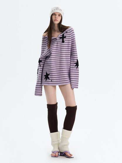 The NeverMore Sexy Colorblock Oversized Crewneck Short Striped Button Pullover Women Sweaters