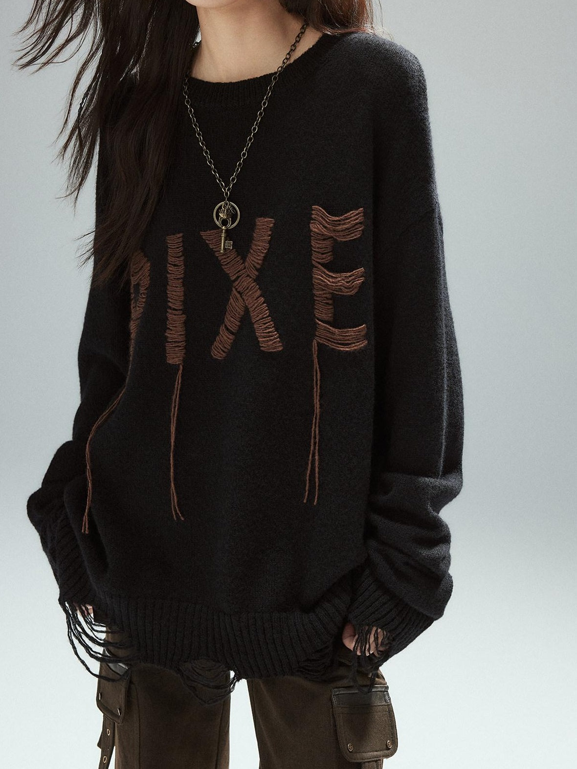 Low pixel Warm Oversized Street Style Distressed Hem Women Black Knit Pullover Sweaters