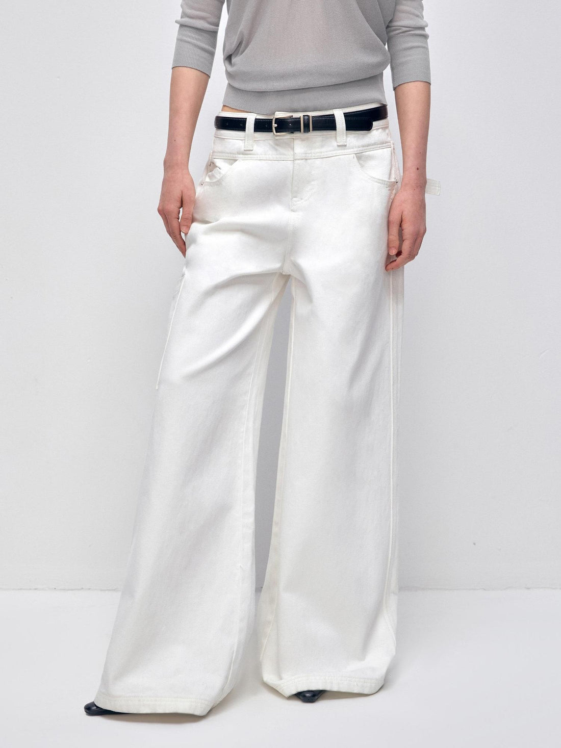 RUN TO THE FUTURE Low Rise 96 Percent Cotton Casual Loose Fit White Denim Wide-Leg Jeans