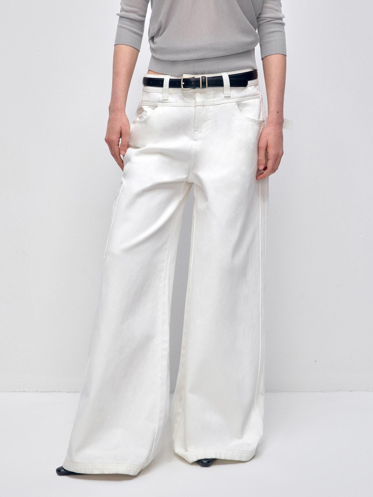 RUN TO THE FUTURE Low Rise 96 Percent Cotton Casual Loose Fit White Denim Wide-Leg Jeans