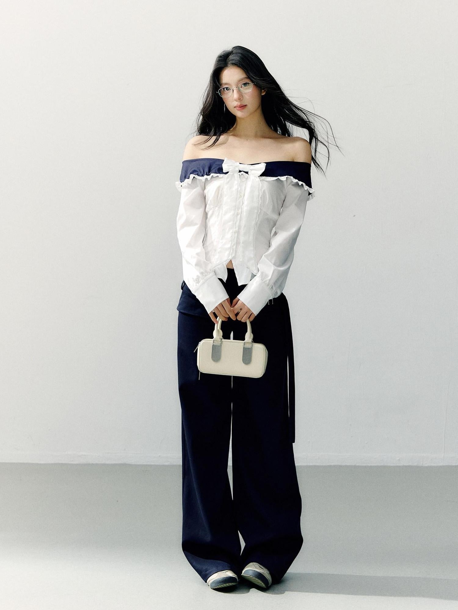 7Shiftin Slimming Off Shoulder Slim Fit Long Sleeve Cotton Bow White Blouses