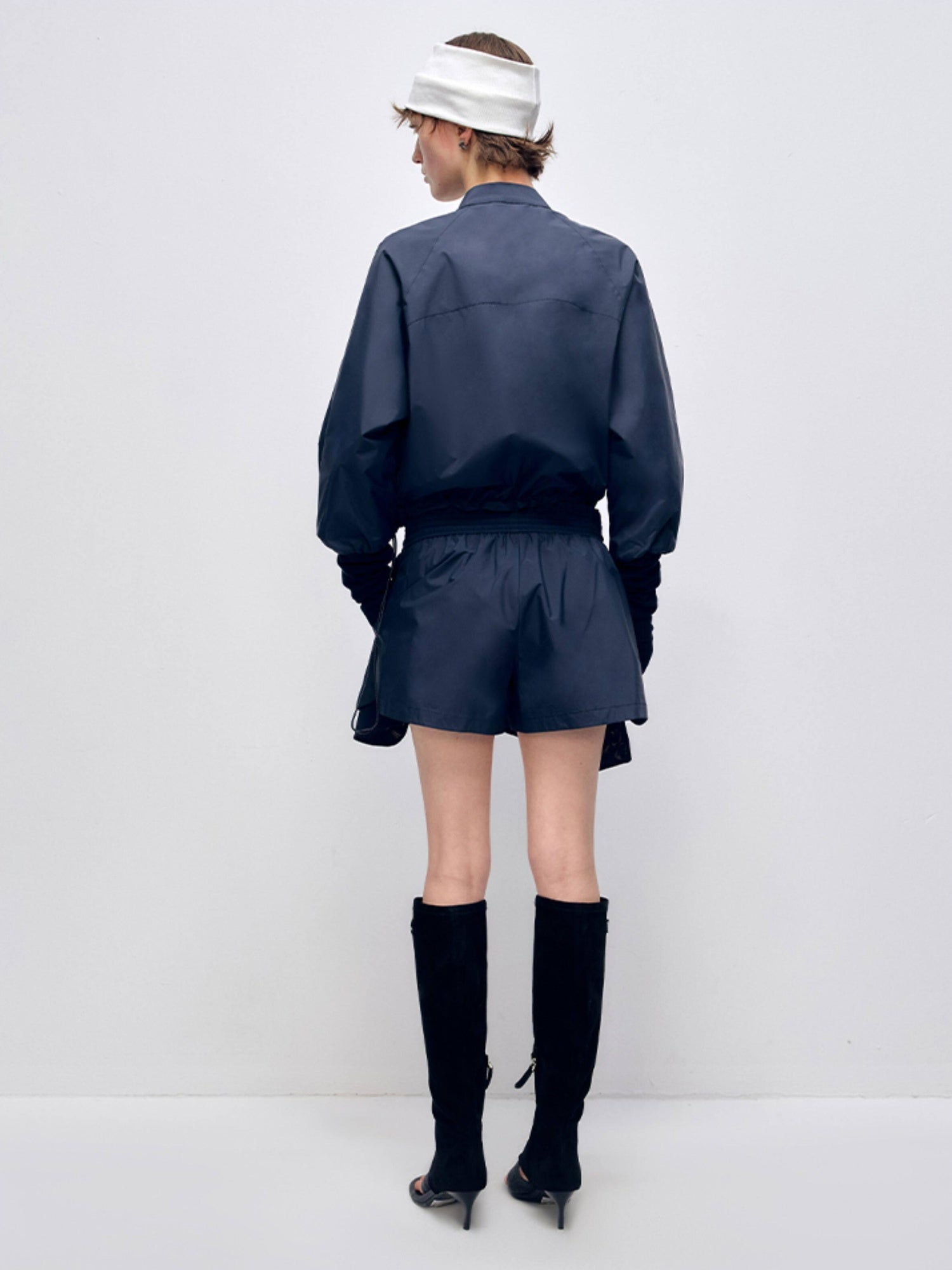 RUN TO THE FUTURE Polyester Two Piece Zip Stand Collar Casual Women Navy Green Short Trousers