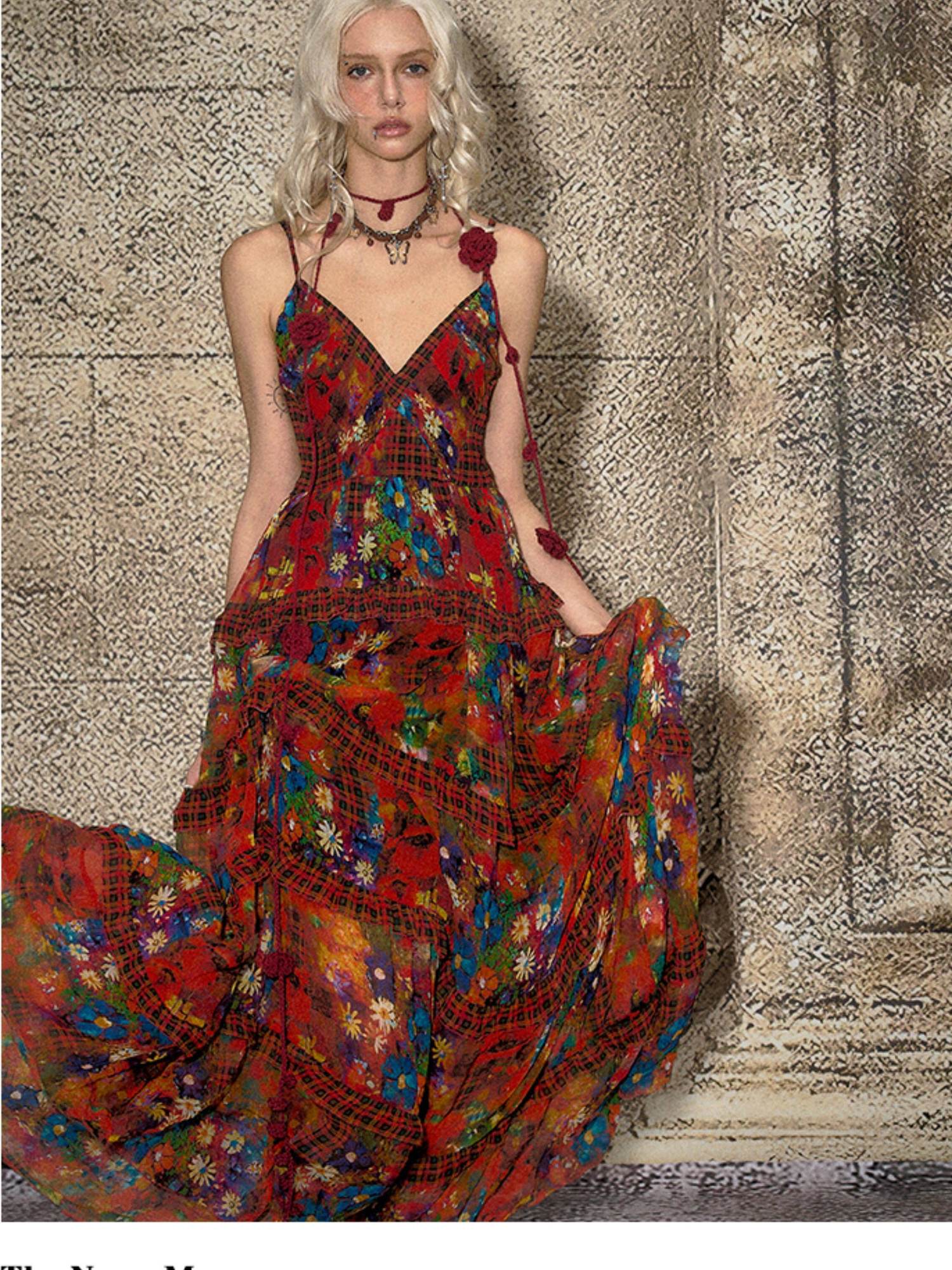 The NeverMore Vintage High Waist A Line Sleeveless V-neck Travel Polyester Maxi Dresses