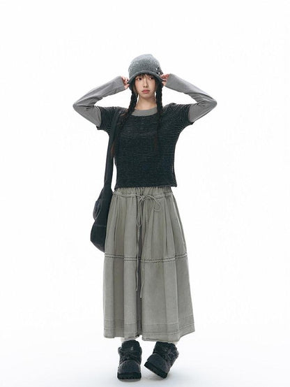 NAPSNAPS Washed Denim Tie Elastic Waist Flared Women&