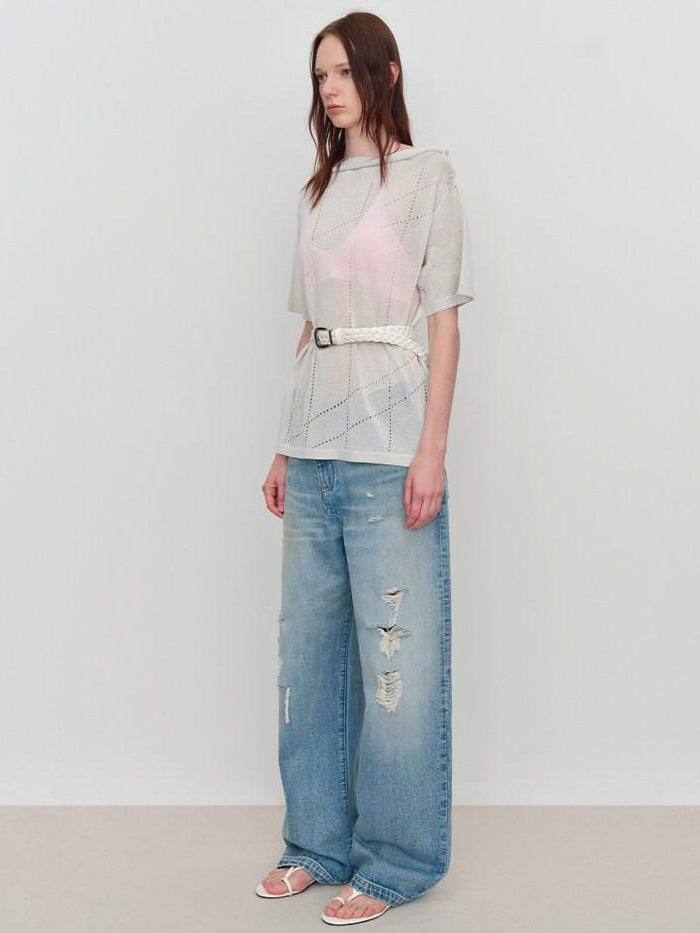 RUN TO THE FUTURE Durable Distressed Low Rise Loose Fit Casual Light Blue Denim Wide-Leg Jeans