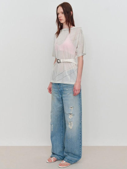 RUN TO THE FUTURE Durable Distressed Low Rise Loose Fit Casual Light Blue Denim Wide-Leg Jeans