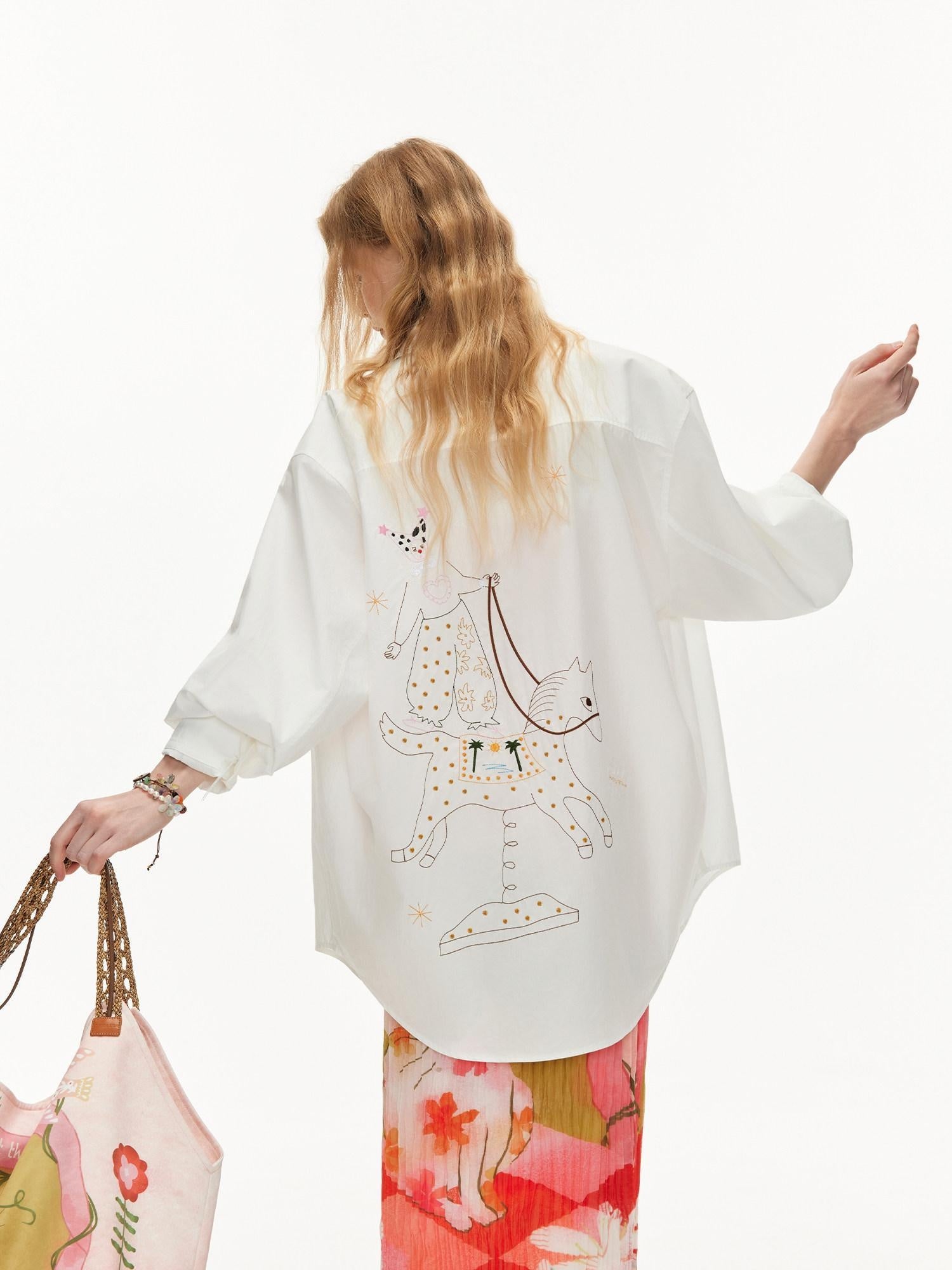 OuttheBlue Soft Lyocell Cotton Loose Mid Length Long Sleeve Embroidered Back Women Blouses