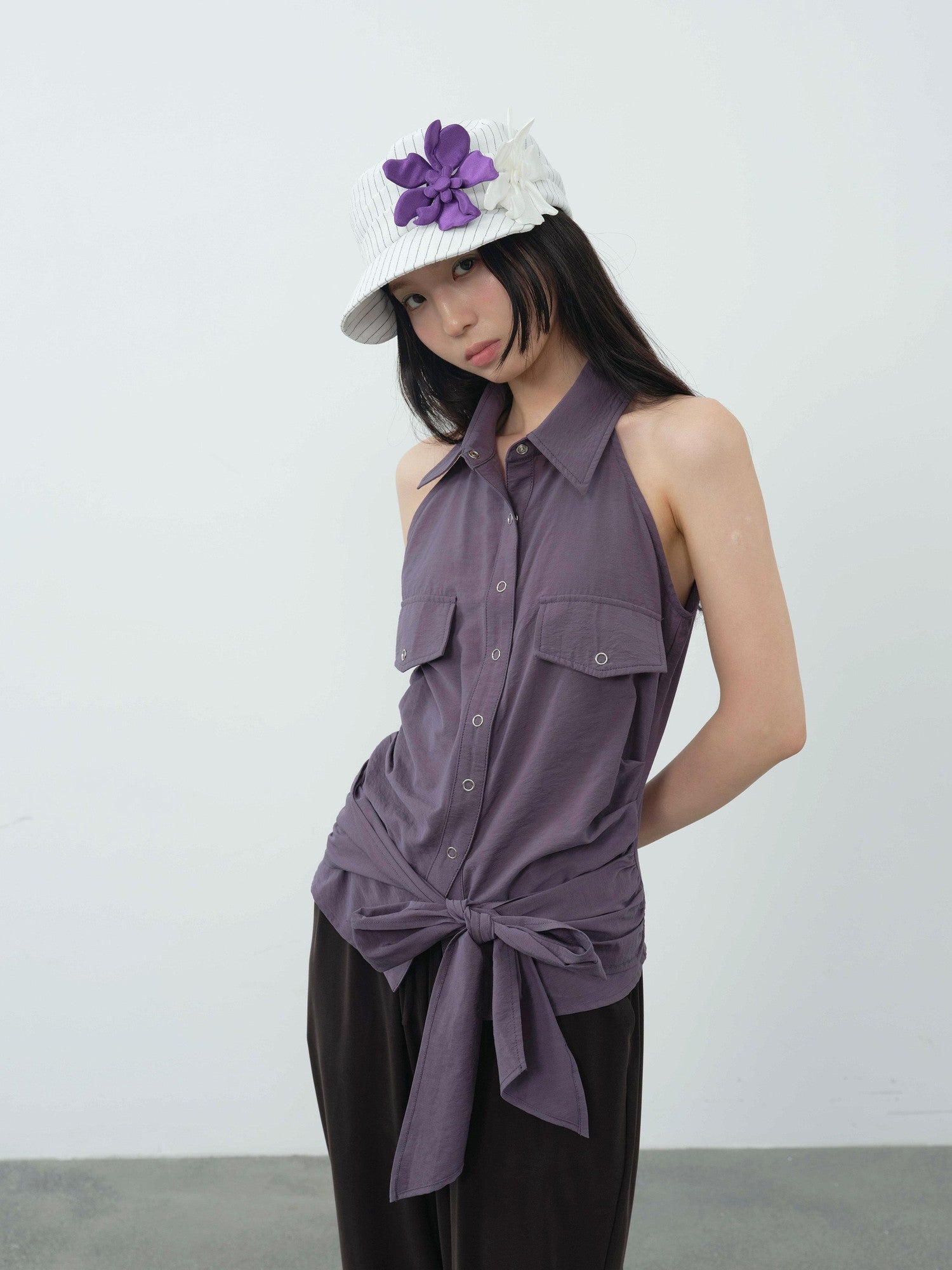 DKZ OFFICIAL Purple Halter Neck Shirt Style Lapel Collar Tie Waist Women&