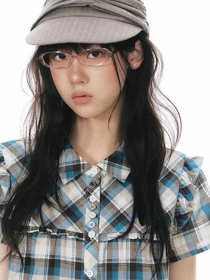 NAPSNAPS Blue Plaid Ruffle Puff Sleeve Button Tie Women&