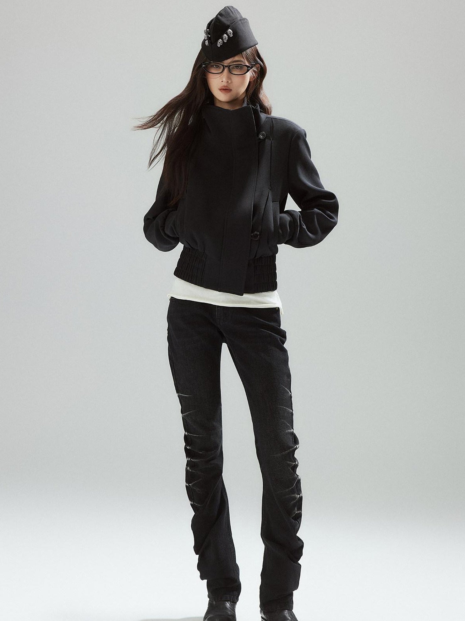 Low pixel Pleated Low Rise Black Micro Stretch Street Slim Everyday Straight Leg Jeans