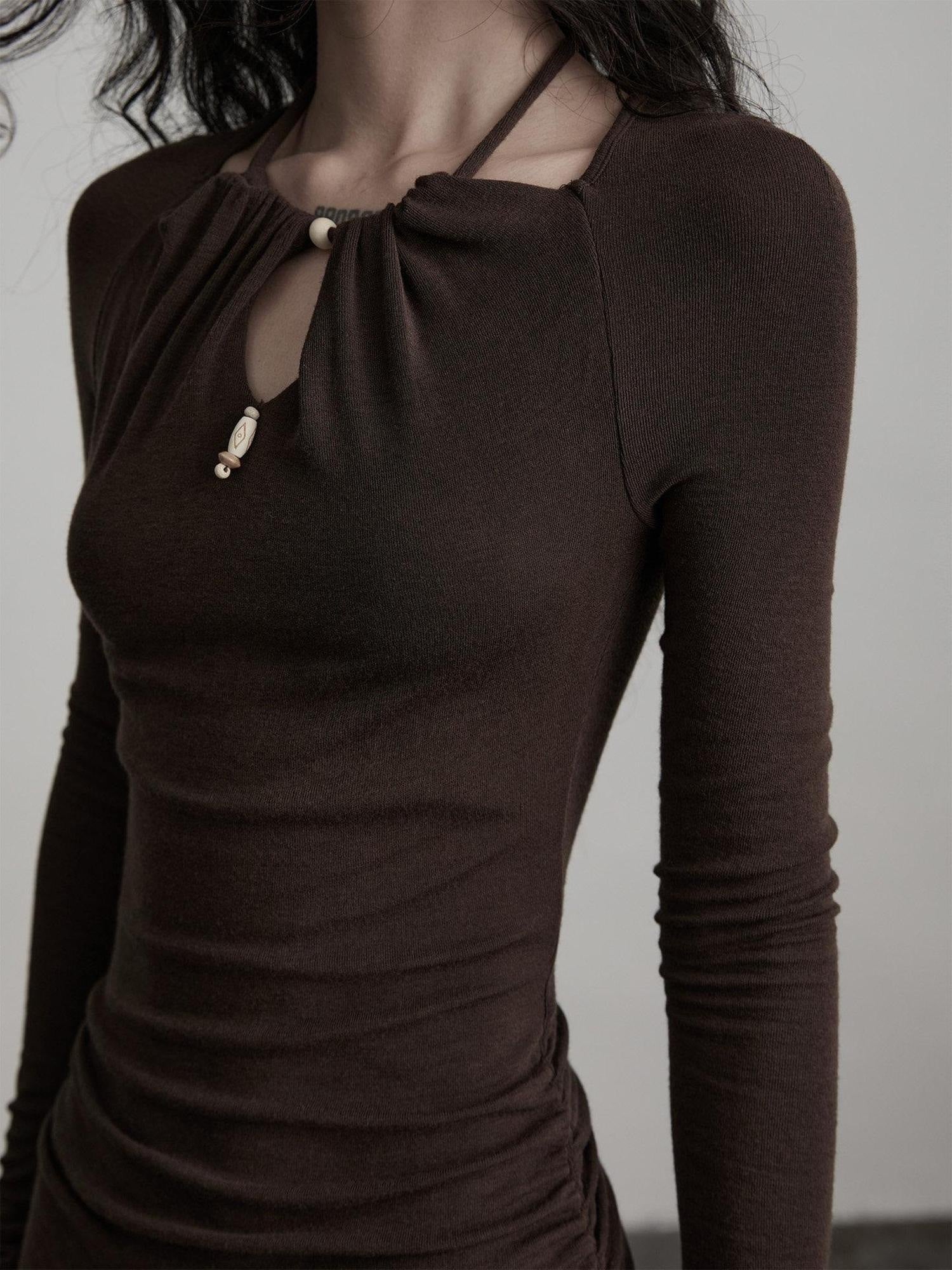 INDULGE Soft Modal Wool Cutout Slim Fit Long Sleeve Casual Brown Bodycon Maxi Dresses