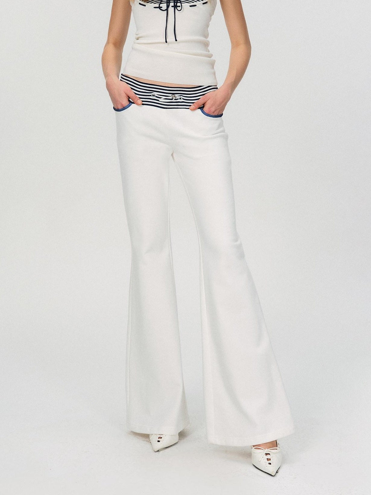 The NeverMore Comfortable Casual Cotton Blend Slight Flare Mid Rise Women White Straight Pants