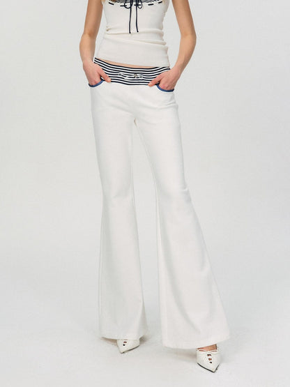 The NeverMore Comfortable Casual Cotton Blend Slight Flare Mid Rise Women White Straight Pants