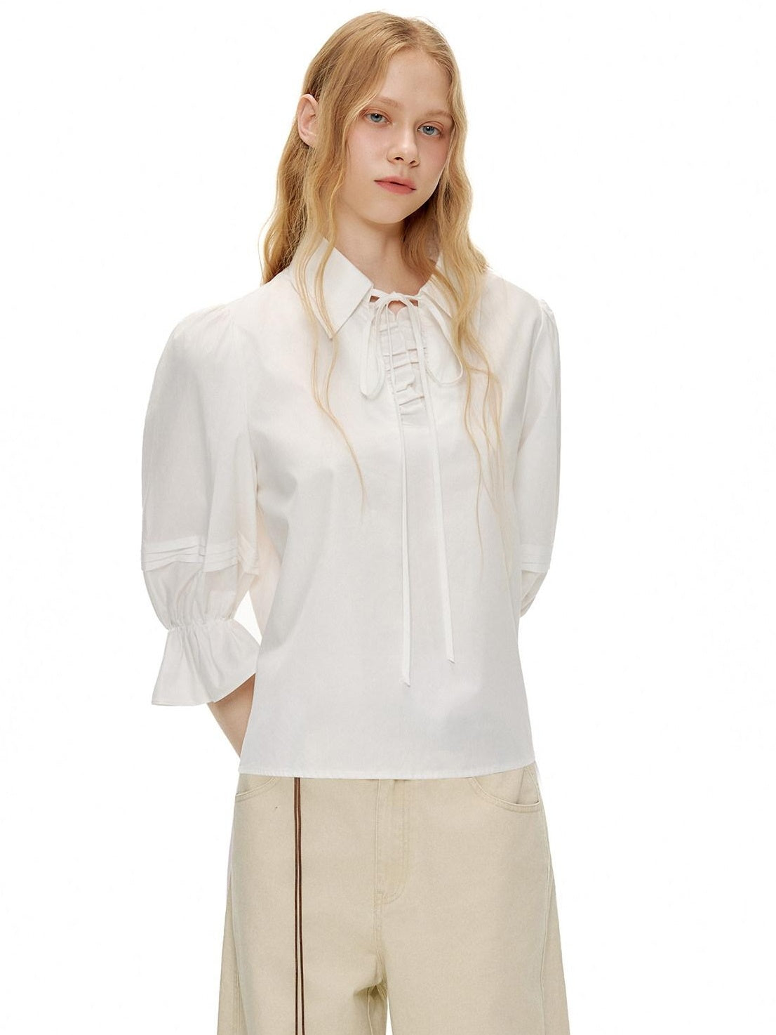 OuttheBlue Lightweight Cotton Lyocell High Waist Tie Casual Puff Sleeves Women Blouses