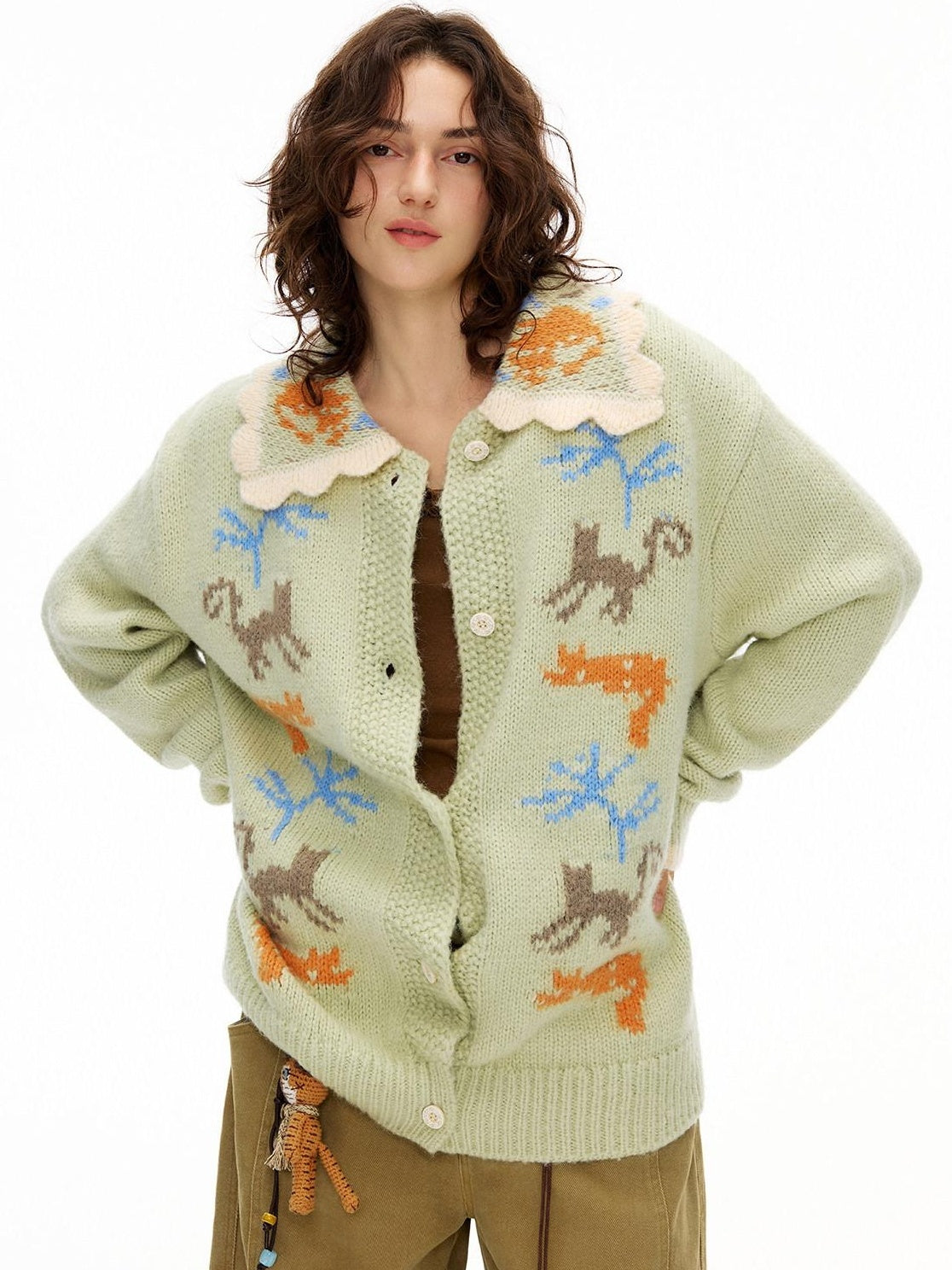 OuttheBlue Warm Acrylic Wool Commuter Loose Jacquard Mint Green Cardigans