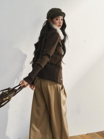 7Shiftin Slimming Casual Loose Fit Womens Brown Button Front Cropped Jackets