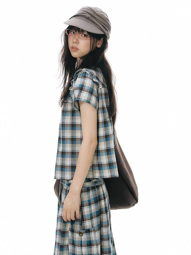 NAPSNAPS Blue Plaid Ruffle Puff Sleeve Button Tie Women&