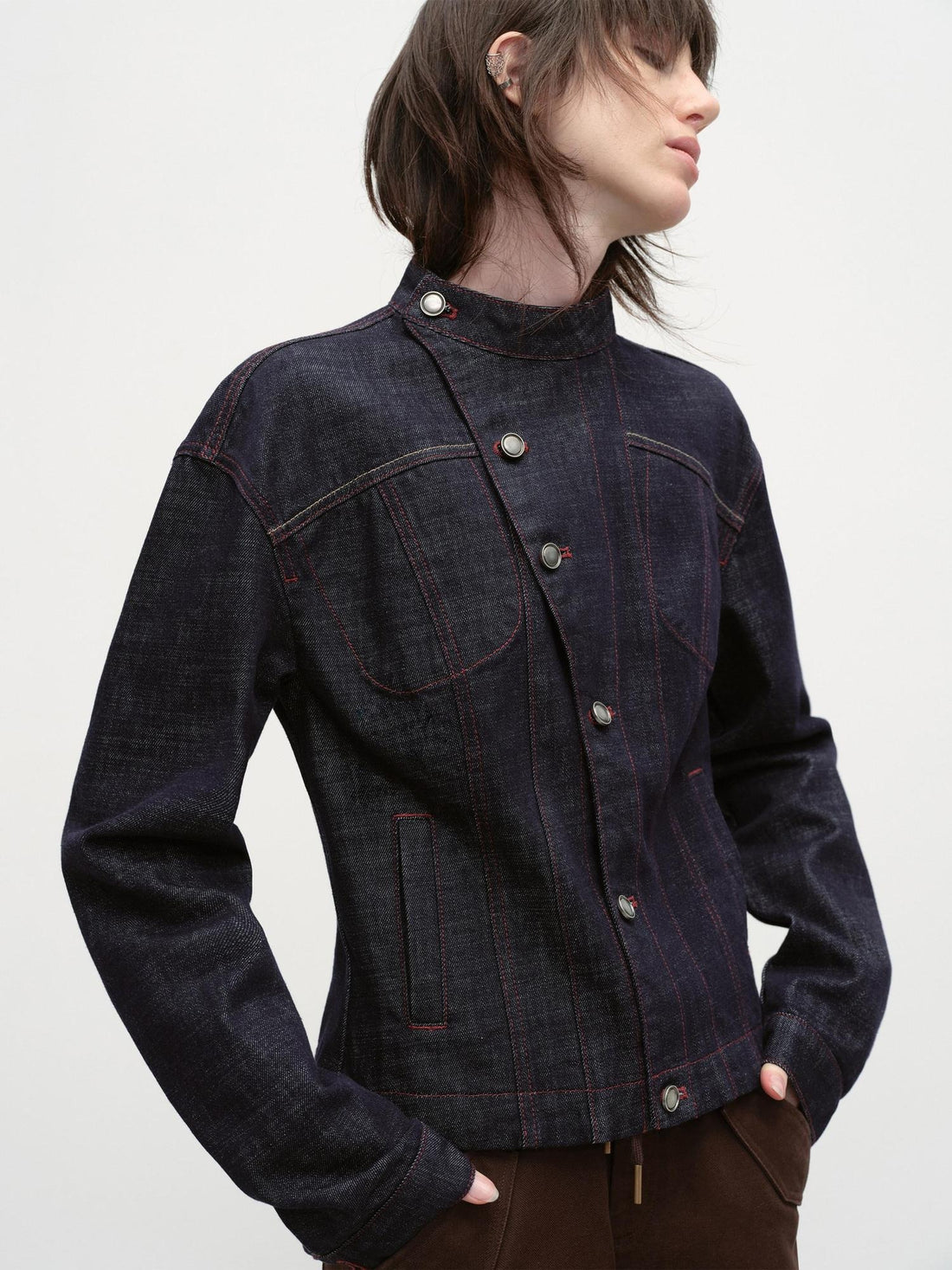 RUN TO THE FUTURE Vintage Asymmetric Fitted Waist Unisex Dark Indigo Cotton Button Denim Jackets