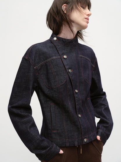 RUN TO THE FUTURE Vintage Asymmetric Fitted Waist Unisex Dark Indigo Cotton Button Denim Jackets