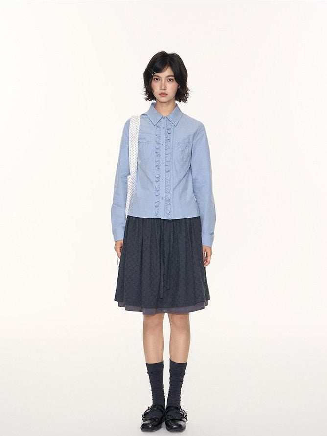 NAPSNAPS Ruffle Trim Pleated Point Collar Patch Pocket Women&