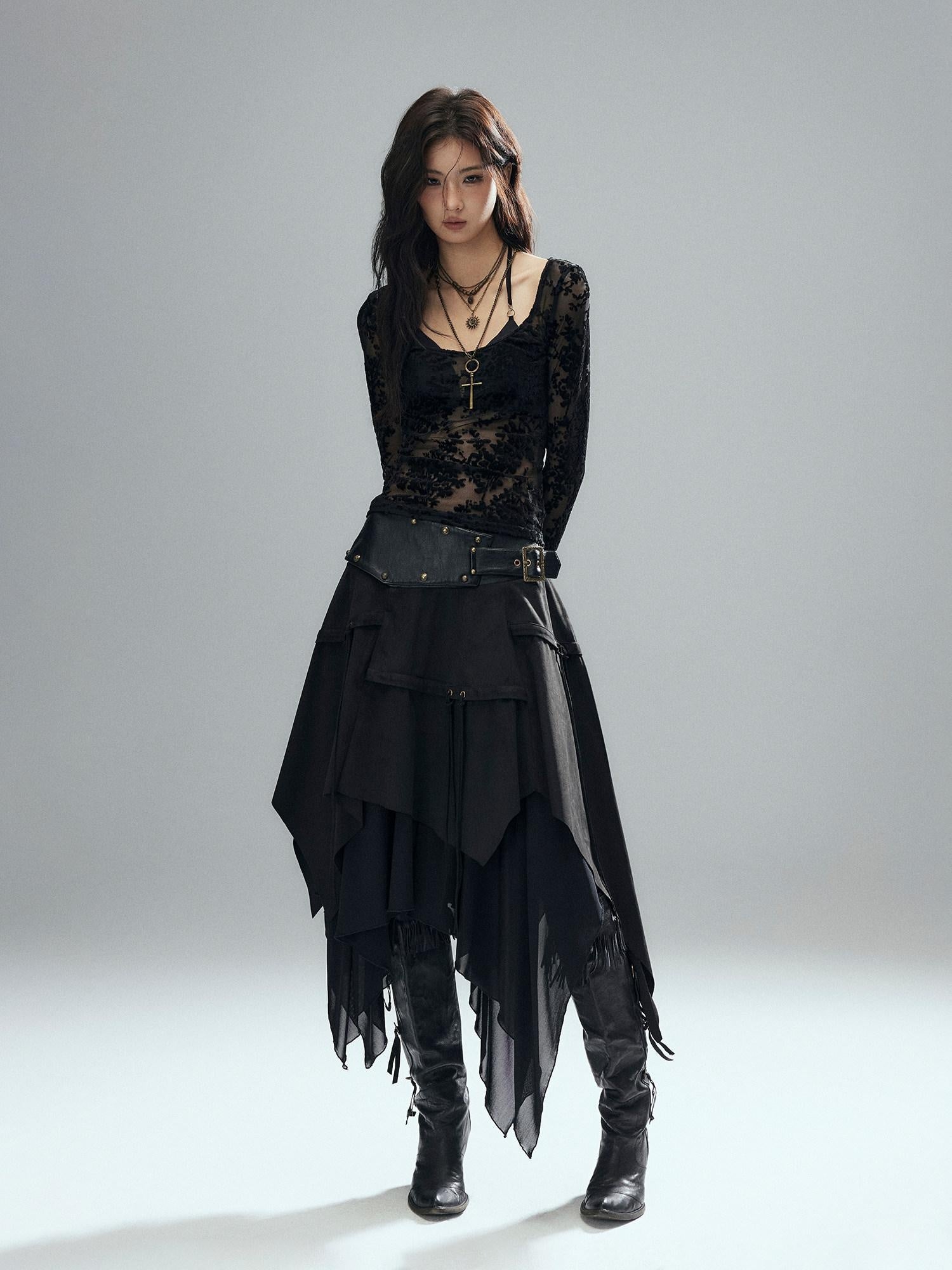 Low pixel Sexy Low Waist Asymmetrical A Line Zipper Black Woven Polyester Midi Skirts