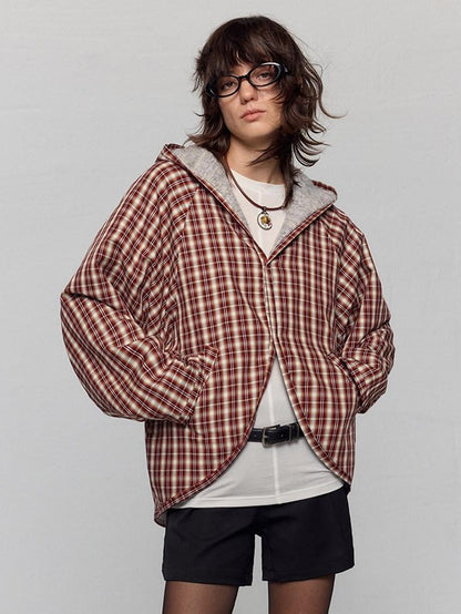 RUN TO THE FUTURE Original Design Loose Fit Contrast Plaid Pocket Zip Up Women Poly Wool Hoodies
