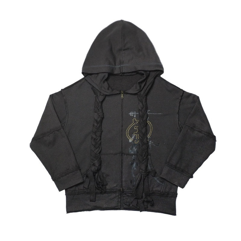 nit alcove Distressed Patch Fringe Loose Fit Lycra Cotton Unisex Vintage Zip Letter Hoodie