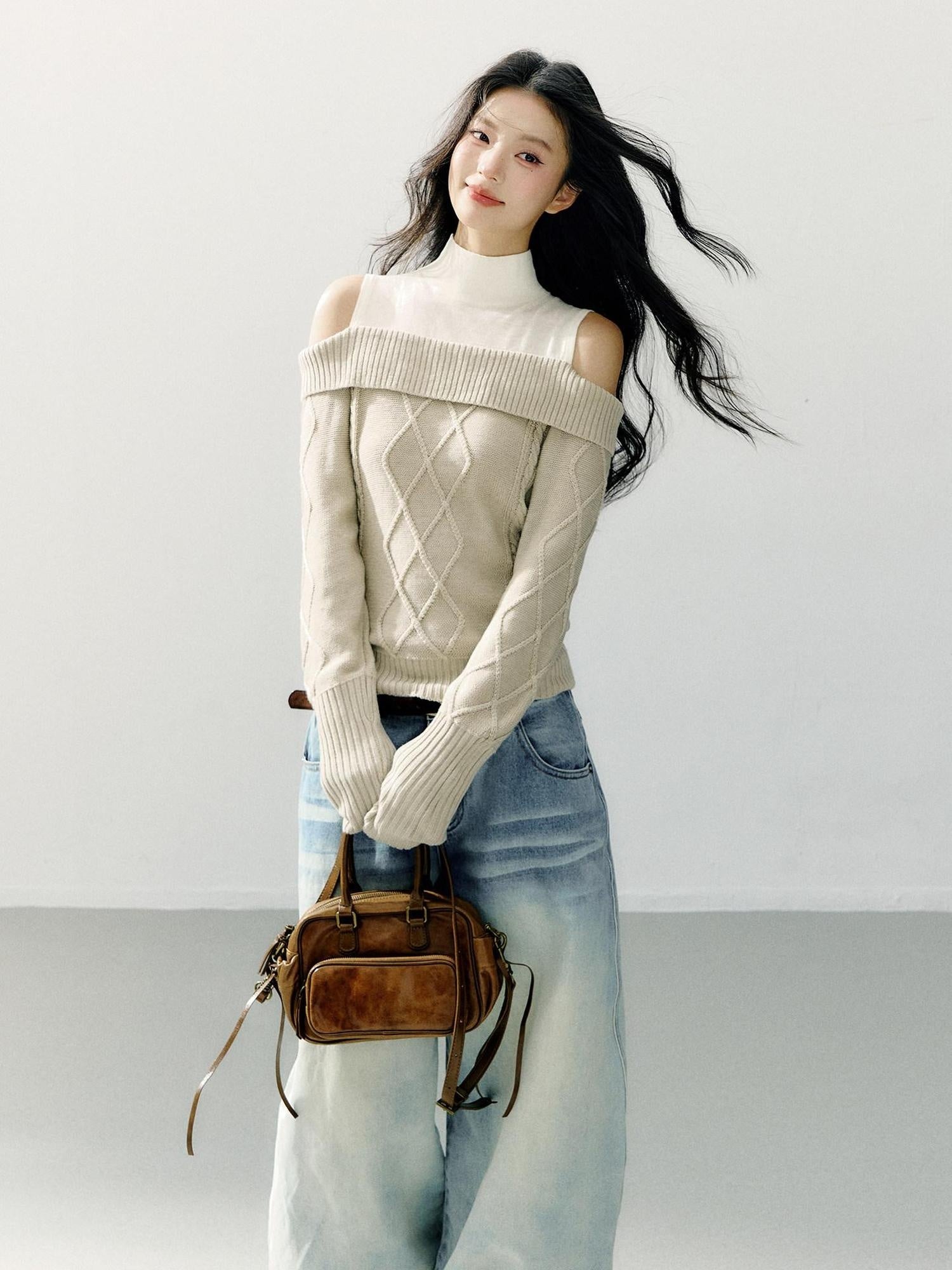 7Shiftin Faux Layer Halter Neck Relaxed Slim Fit Women Campus Knit Pullover Sweaters