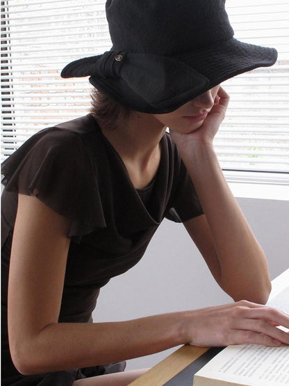 Mito de dar Black Bow Knitted Wide Brim Round Top Women&