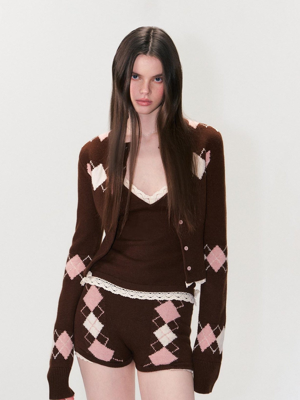 The NeverMore Cashmere Blend Sexy Argyle Button Cardigan Shorts Women Top &amp; Shorts Sets
