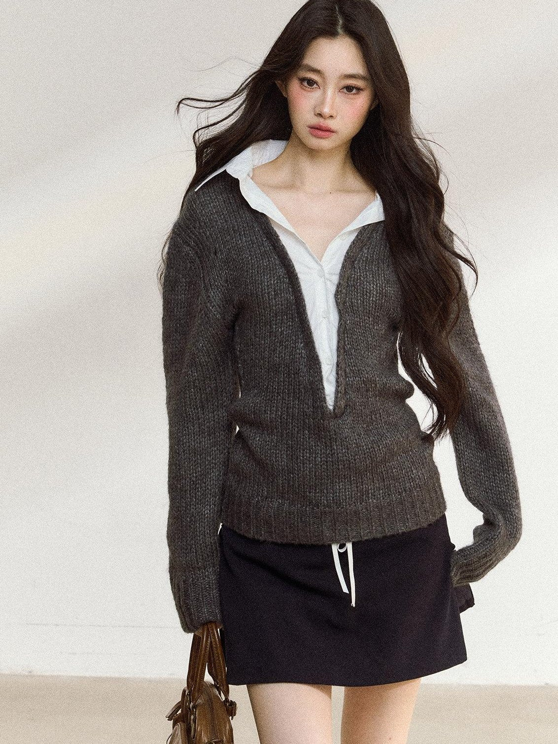 7Shiftin Cozy Acrylic Wool Blend Mock Layered American Pullover Women Deep Gray Sweaters