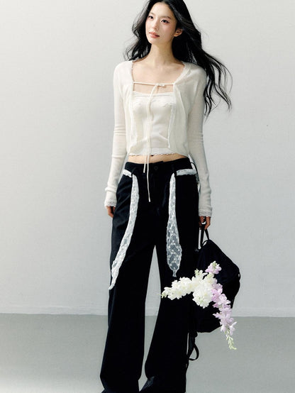 7Shiftin Two Piece High Waist Solid Knit Square Neck Casual Women Long Sleeve Crop Tops