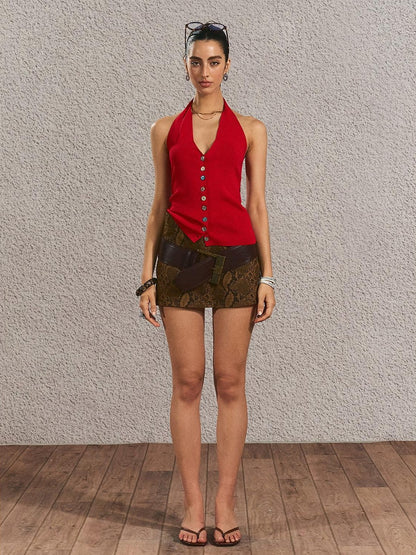 The NeverMore Silky Rayon Backless Halter V-neck Slim Cropped Sexy Women Tank Tops &amp; Camis
