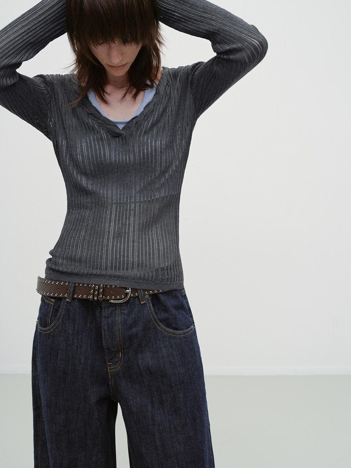RUN TO THE FUTURE Antibacterial V-neck Slim Layered Knit Women Outdoor Gray Long Sleeve T-Shirts